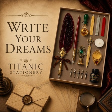 A writing set featuring a quill pen, nibs, ink, stamps and wax in a box