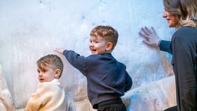 Two young boys along with mom are touching an actual iceberg on display.
