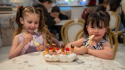 Two young children share a Titanic Banana Split