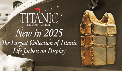 Image of one of the 5 Titanic Life Jackets on display at the Titanic Museum Attraction in Branson, MO.