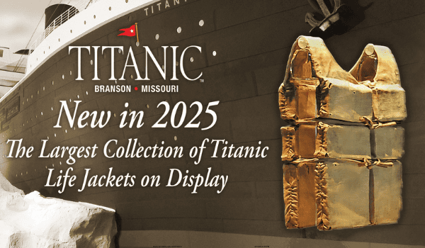 Image of one of the 5 Titanic Life Jackets on display at the Titanic Museum Attraction in Branson, MO.