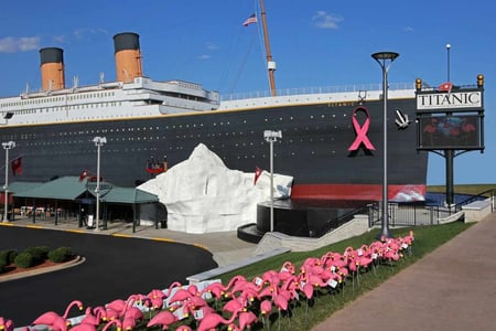 Titanic Museum Breast Cancer Awareness tribute with tagged pink flamingos