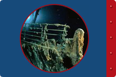 fisheye lens view of Titanic wreck on ocean floor
