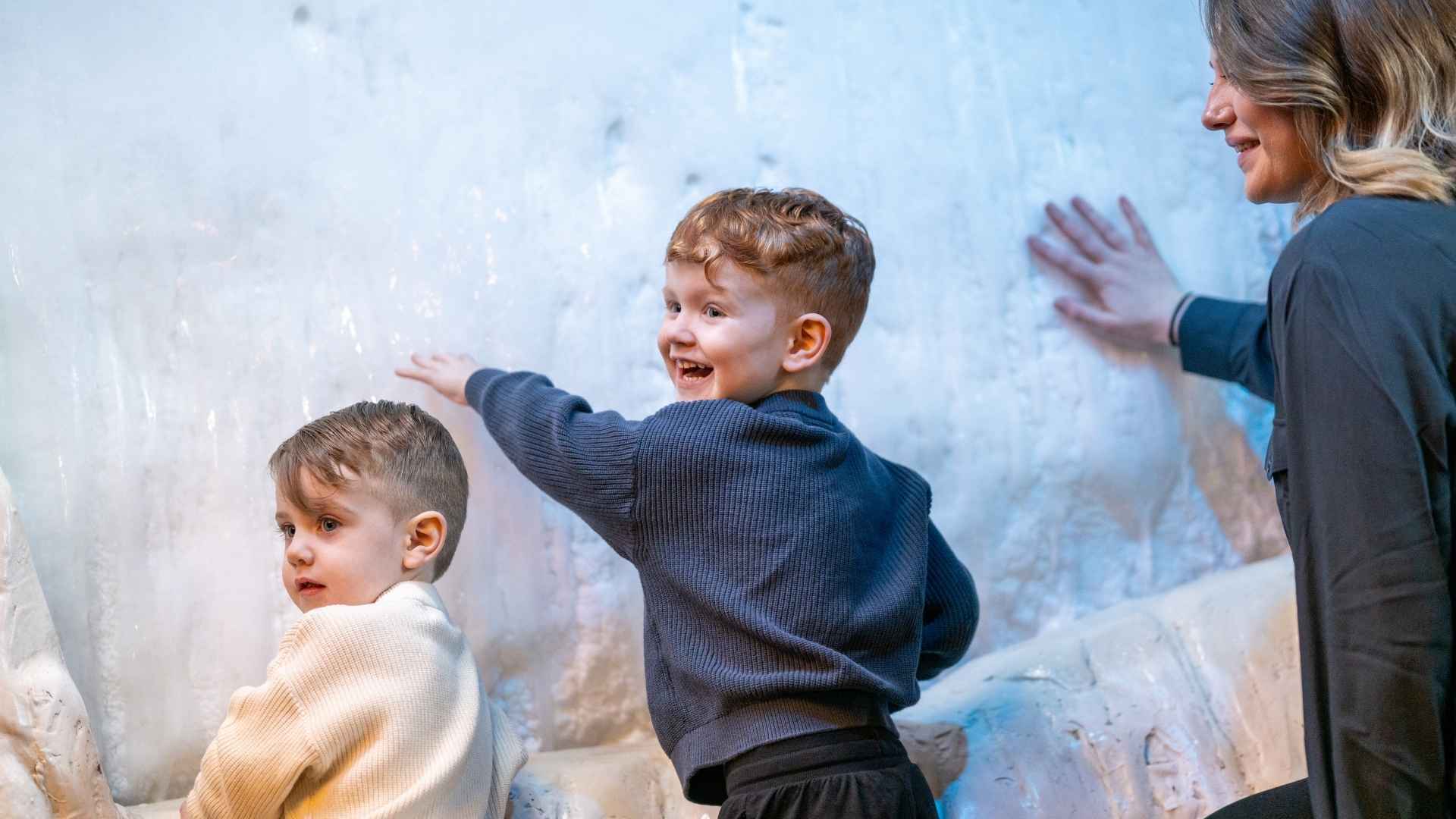 Two young boys along with mom are touching an actual iceberg on display.